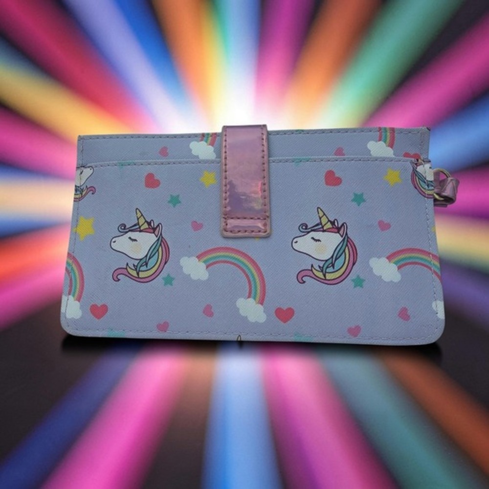 Unicorn Wristlet Wallet Generic Purple Faux Leather Rainbow Print Zip